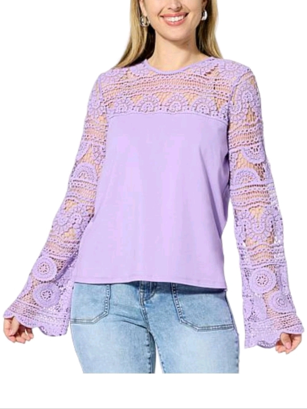 Diane Gilman Dg2 Lace Sleeve Top Lilac Size 1x New Bell Sleeve Relaxed Fit - Picture 9 of 11